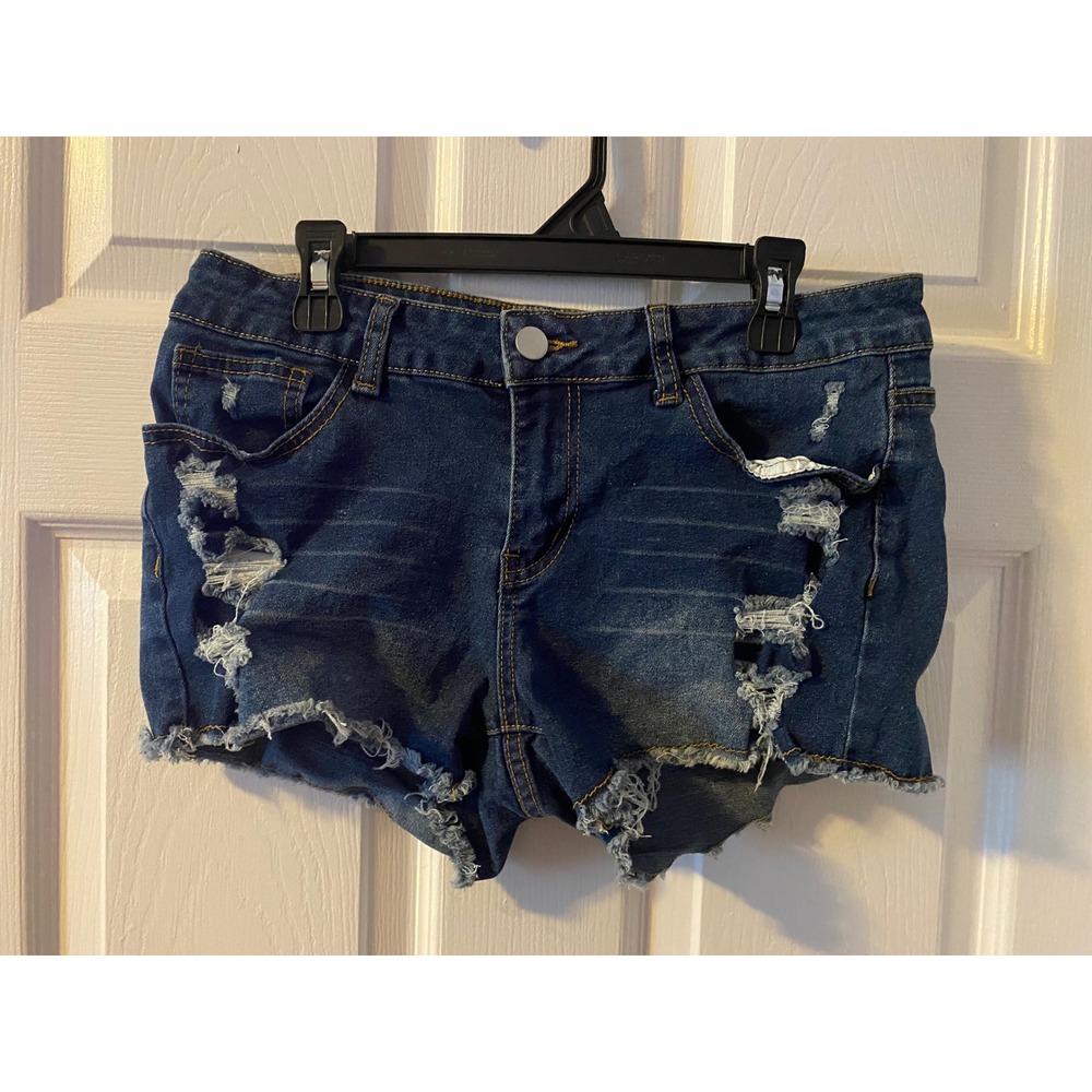 SHEIN Petite Distressed Raw Hem Denim Shorts Dark Wash Size M